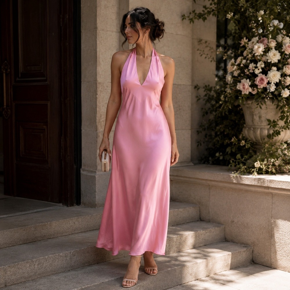 Show Me Your Mumu Halter Maxi Dress Pink Luxe Satin Open Back Bridesmaid  XL New